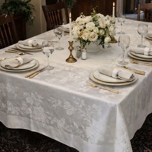 Vintage ivory damask sateen tablecloth - luxury wedding rectangle - 86 X 62”